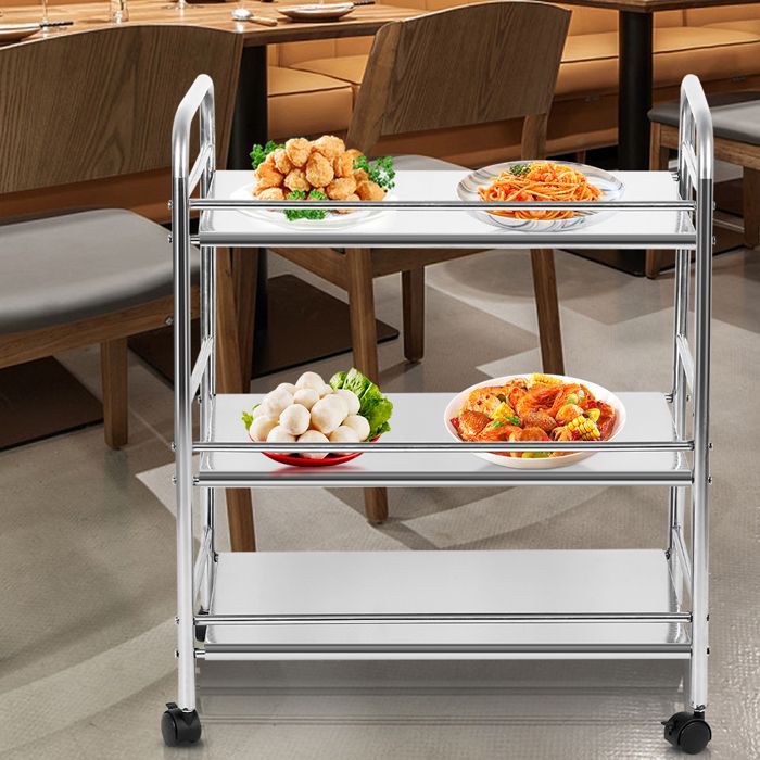Desserte de cuisine QUIIENCLEE chariot à 3 niveaux en acier inoxydable capacité 75 kg avec roulettes et poignées argenté