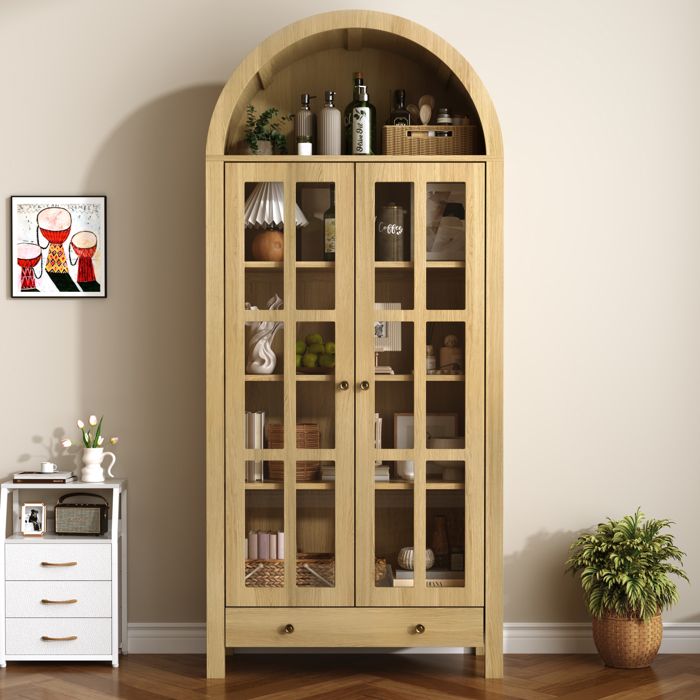 Vitrine moderne en forme darche avec étagères et tiroirs meuble de rangement polyvalent idéal pour salon ou bureau naturelle