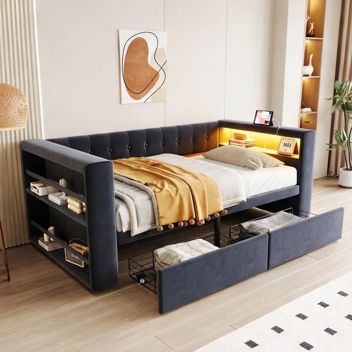 Sommier coffre 90x190 cm avec tiroirs LED et prises flanelle classic gray