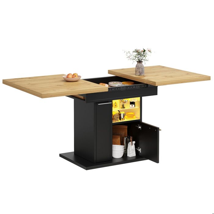 Table repas extensible 140x80 pour petits espaces rangement intégré LED multicolore plateau effet bois MDF noir FOLYNA