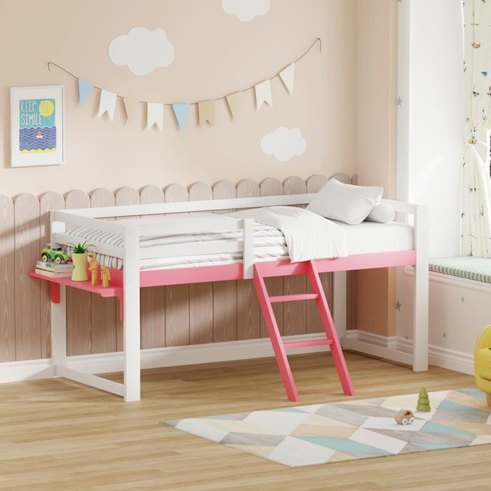 Lit mezzanine enfant 90x200 cm en pin massif barrière de sécurité échelle fixe table latérale sommier inclus blanc rose