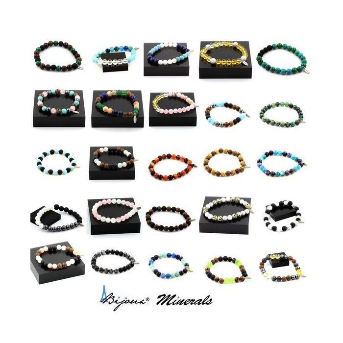 Pierres et Minéraux. Bracelet Perles Malachite du Congo + Tourmaline melon deau + Onyx Fabriqué en France.