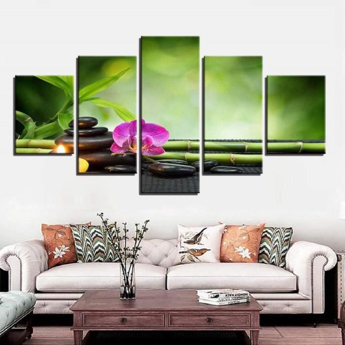 Feeby Tableau Sur Toile Pierres Bambou Spa Zen 30x20 Cm - Décoration Murale Bien-Être Oriental