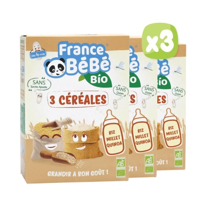 France Bébé Nutrition 3 Céréales en Poudre Riz Millet Quinoa +4m Bio 200g