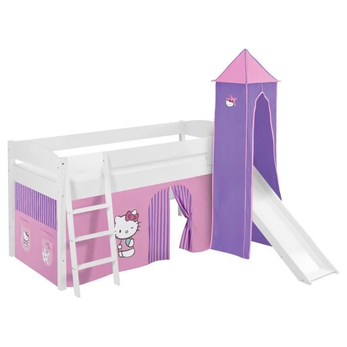 Lit surélevé ludique IDA 4105 - LILOKIDS - Hello Kitty - Blanc laqué - Toboggan et rideaux inclus - 90x200 cm Lit surélevé ludique IDA 4105 - LILOKIDS - Hello Kitty - Blanc laqué - Toboggan et rideaux inclus - 90x200 cm