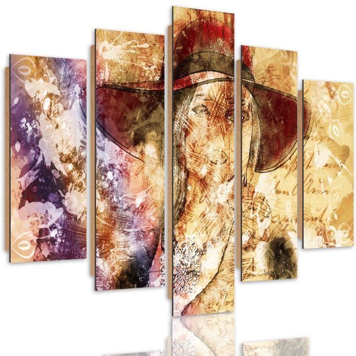 Tableau Xxl Vintage Abstrait 5 Pieces Deco Panel Femme Avec Chapeau Rouge 300x140 Cm Achat Vente Tableau Toile Cdiscount