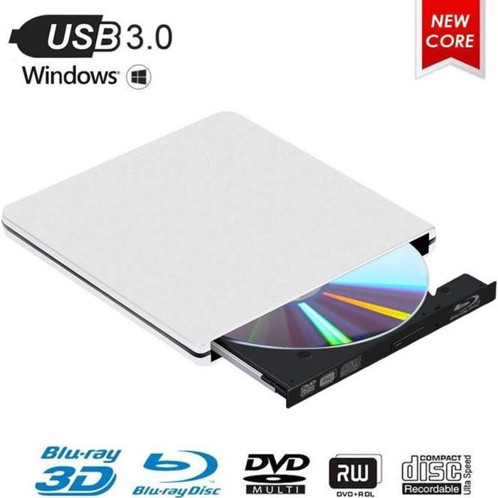 CABLING® Lecteur Graveur Blu Ray Externe CD DVD, USB 3.0 Portable Lecteur  Blu-Ray Slim CD DVD-ROM ROM Compatible pour PC Mac OS Windows 7 8 10 XP