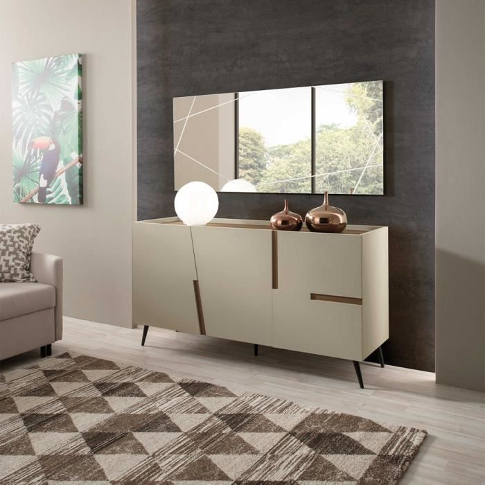 Buffet bas - GIRONA - 3 portes - Inserts effet teck - Corps gris tourterelle