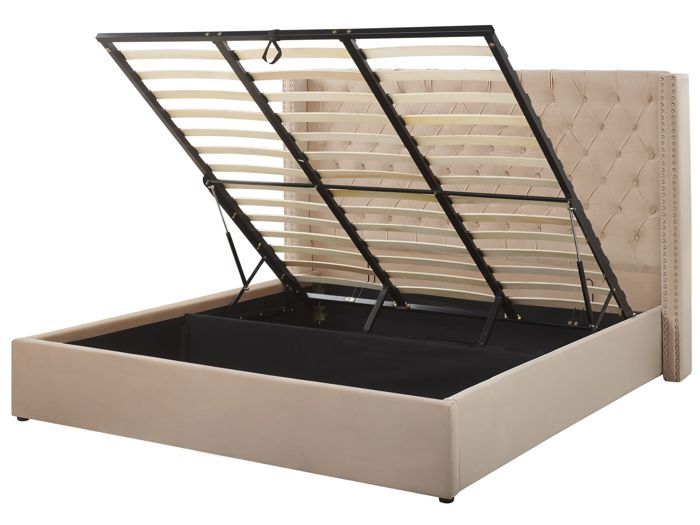 Lit double en velours beige avec rangement 180 x 200 cm LUBBON Lit double en velours beige avec rangement 180 x 200 cm LUBBON