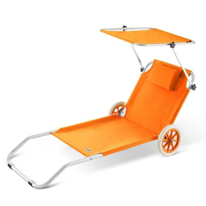Casaria Chaise longue "Crête" de plage Orange transat pliable chariot de transport avec pare soleil réglable camping