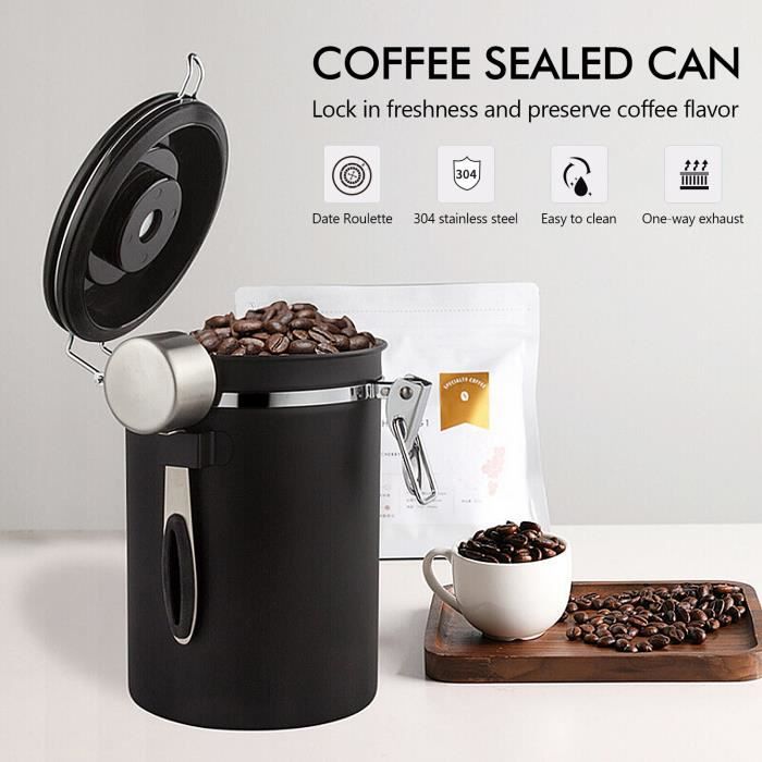 Noir Boîte à café hermétique 1800 ml en acier inoxydable avec cuillère à  mesurer, 12 * 18.6 CM, pour le stockage des grains de café - Cdiscount  Maison