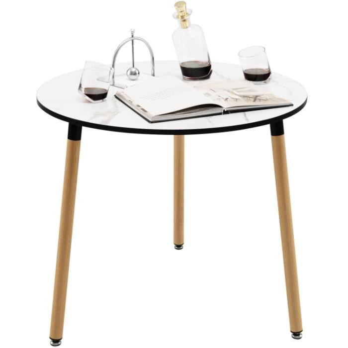 costway table de salle à manger ronde ? 80cm scandinave plateau en bois motif en faux marbre 3 pieds en acier antirouille pour salon