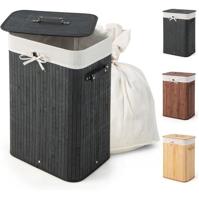 COSTWAY Panier à Linge 72L en Bambou avec Couvercle et 3 Poignées pour Buanderie , Salle de Bain Noir