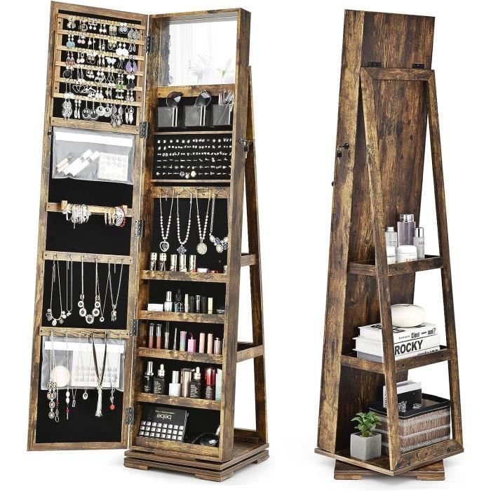 GOPLUS Armoire à Bijoux avec Miroir sur Pied et de Maquillage Pivotante 360° avec Etagère et Serrure 39x39x161CM Vintage
