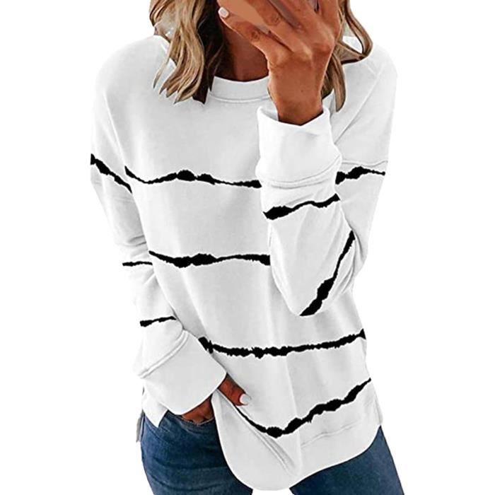 Sweat Femme Pull Col Rond Ray Sweat-Shirt Pull Patchwork Casual Haut Sweat sans Capuche Chic Et Dcontracte blanc