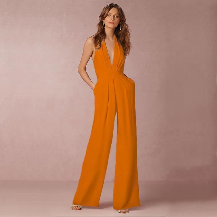 Combinaison Femme Été Casual Sans Manche Dos Nu - Salopette Coton Lin Pantalon Large Élégante Avec Poches