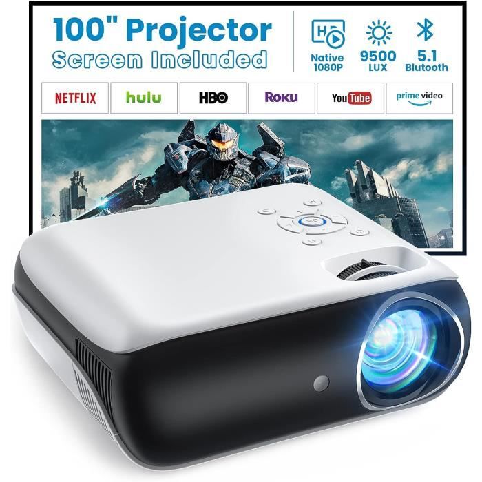 Vidéoprojecteur 5.1 Bluetooth, Native 1080P 9500L Projecteur Supporté 4K Fonction Zoom Portable Mini RétroProjecteur avec écran