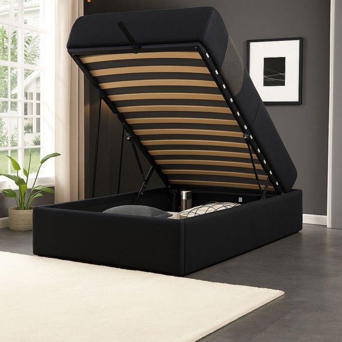 Lit Coffre LORIS 90x200 noir Sommier inclus 12 lattes MDF montage rapide Lit Coffre LORIS 90x200 noir Sommier inclus 12 lattes MDF montage rapide