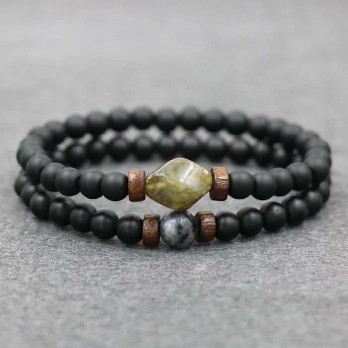 Bracelet Tibétain Pour Homme - 3 Pièces En Argent Plaqué Avec Pierre Naturelle Bleue - Réglable - Style Boho Chic