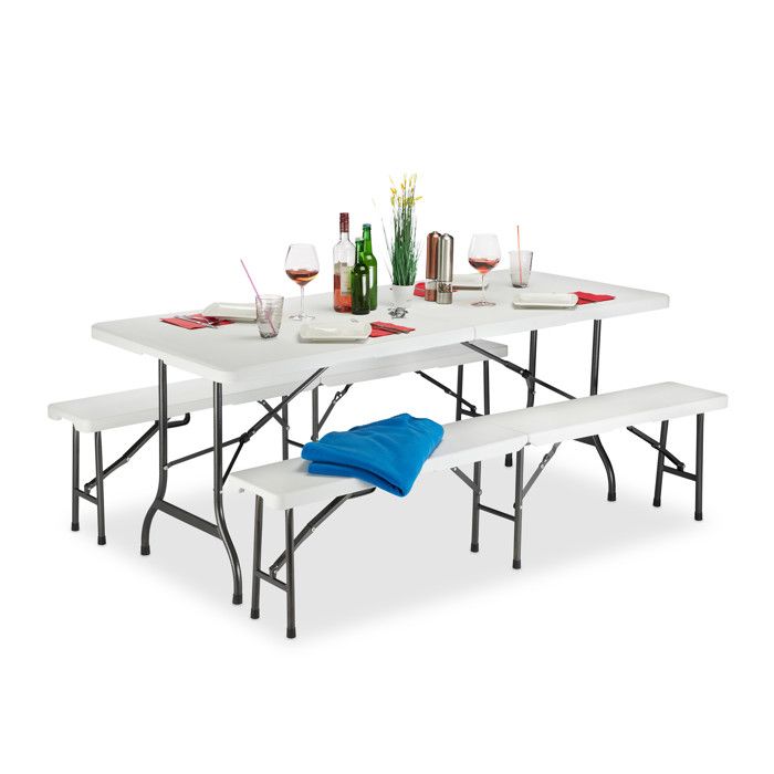 Relaxdays Set 3x Meubles 1 Table & 2 Bancs Pliants Uni Jardin Barbecue HLP 74x180x74 5cm Blanc