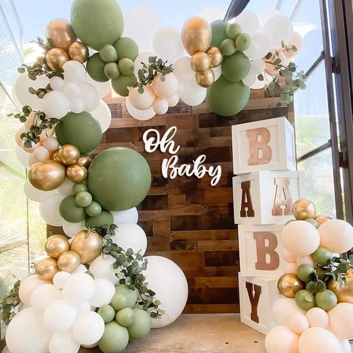 Kit Déco Baby Shower Vert Sauge – 130 Pièces – Ballons, Boîtes Transparentes Et Lettres BABY – Jungle Safari