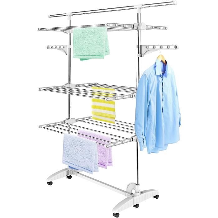 Étendoir à Linge LANTUS Pliable - 3 Niveaux, Largeur Réglable 75-126 Cm, Charge 35 Kg, Gris Argenté