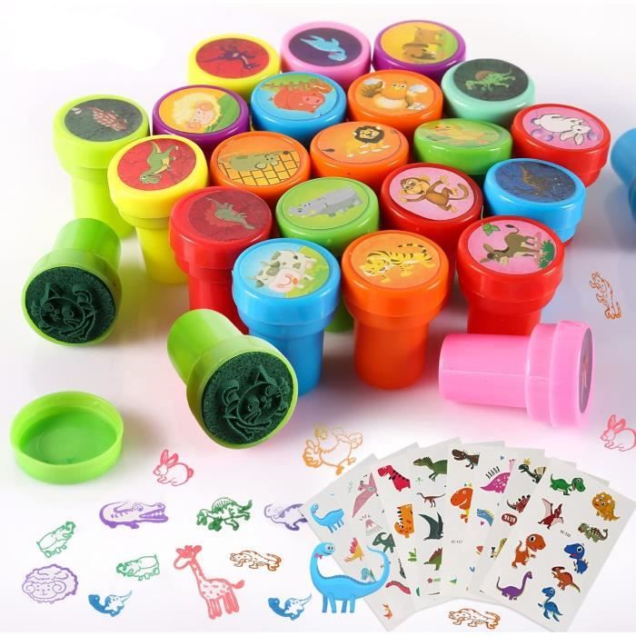 30 Tampons Encreurs Enfant + Pâte à Tampon - Kit Créatif 3 Boîtes Animaux & Formes