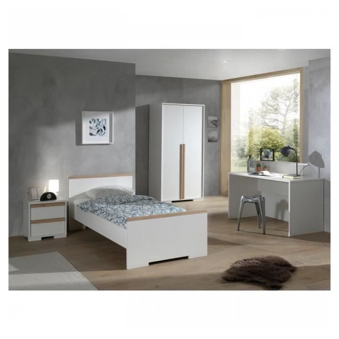 vipack - ldco0414 - vipack london lit blanc +chevet blanc 2 tiroirs +  bureau blanc mat +armoire  2 portes blanc mat