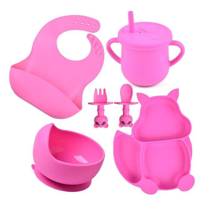 Set Repas Bébé 8 En 1 - Assiette Ventouse + Bol + Couverts + Bavoir - Silicone Alimentaire - Sécurité Et Facile à Nettoyer