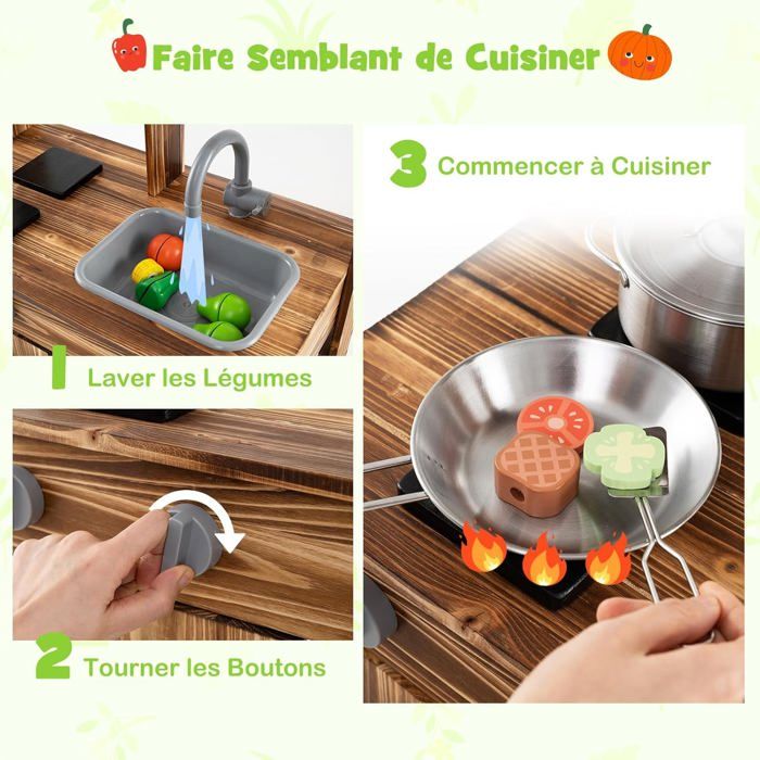 GOPLUS Cuisine Extérieure Enfant En Bois De Sapin - Table De Jardinage Avec Évier, Tableau, 4 Pots Et Rangement - Dès 3 Ans - Naturel
