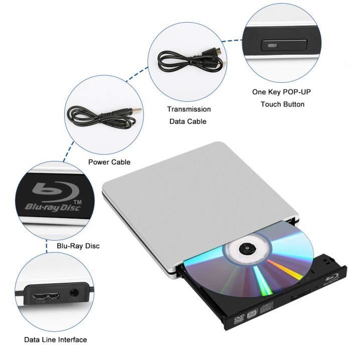 Enregistreur Blu-ray Kingbox Lecteur CD/DVD Externe, USB 3.0 Type