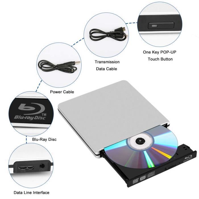 Lecteur Graveur Blu Ray Externe CD DVD 3D 4K USB 3.0 Portable Lecteur