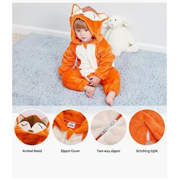 Grenouillère Bébé Animal - Flanelle Douce - Capuche - Fermeture Éclair Avant - 0-24 Mois - Lion, Lapin, Requin