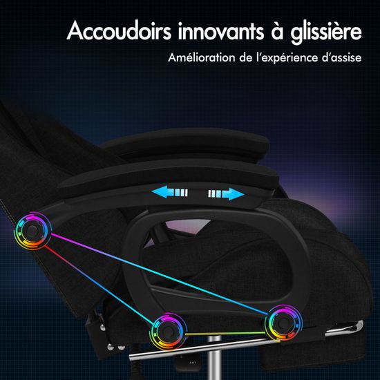 Chaise Gaming ALFORDSON Avec LEDs RGB Et Massage - Fauteuil Ergonomique Pivotant Tissu Noir
