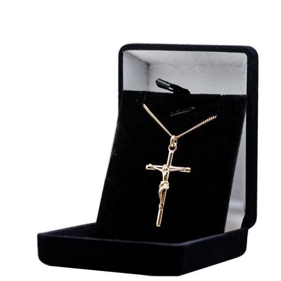 Collier Croix Jésus Plaqué Or 18K - Pendentif 3.8cm Avec Chaine 50cm - Cadeau Communion Écrin Inclus