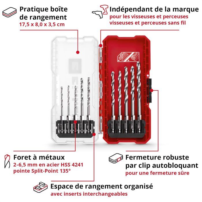 Set De 10 Forets à Métaux Einhell - Acier HSS 4241, Queue E 6.3, Pointe Split-Point 135°, Spirale Type N, Avec Boîte De Rangement