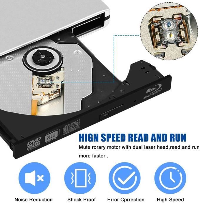 Lecteur Graveur Blu Ray Externe DVD CD 3D, USB 3.0 Portable