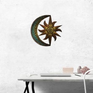 Décoration Murale Métal Lune Et Soleil - 32,8 X 32,8 Cm - Pour Jardin, Terrasse, Intérieur Style Rétro Ou Industriel