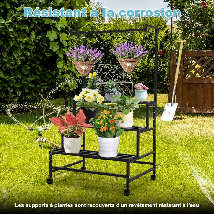 Support étagère pour plantes sur roulettes en métal treillis barre de suspension étagères à lattes salon jardin balcon blanc - Gamm vert