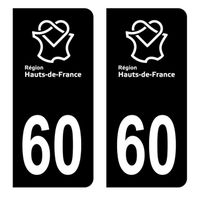 Autocollants Stickers plaque immatriculation voiture auto département 60 Oise Logo Région Hauts-de-France Full Noir Lot de 2