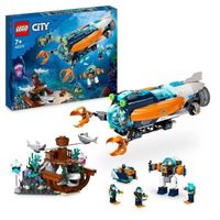 LEGO® City 60379 Le Sous-Marin d’Exploration en Eaux Profondes, Jouet avec Plongeur, et Requin