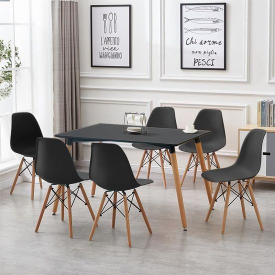 QIAN Table de Salle à Manger et 6 Chaises Ensemble - Moderne Cuisine Scandinave - Chaise Noir + Table de Salle à Manger Noir