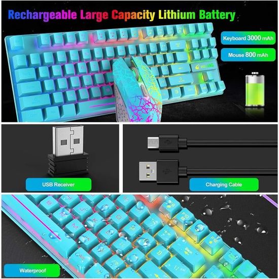 Clavier + Souris Gaming Sans Fil ZJFKSDYX C104 - Rétroéclairage LED, Mécanique, Rechargeable, Rose