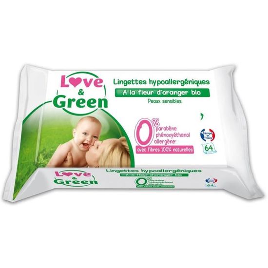 Lingettes Bébé Fleur D'Oranger Love & Green - 64 Lingettes Écologiques & Sans Plastique
