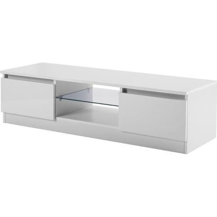 Meuble TV LED contemporain décor blanc laqué brillant avec 2 tiroirs - L 120 cm - Expédié d'Allemagne