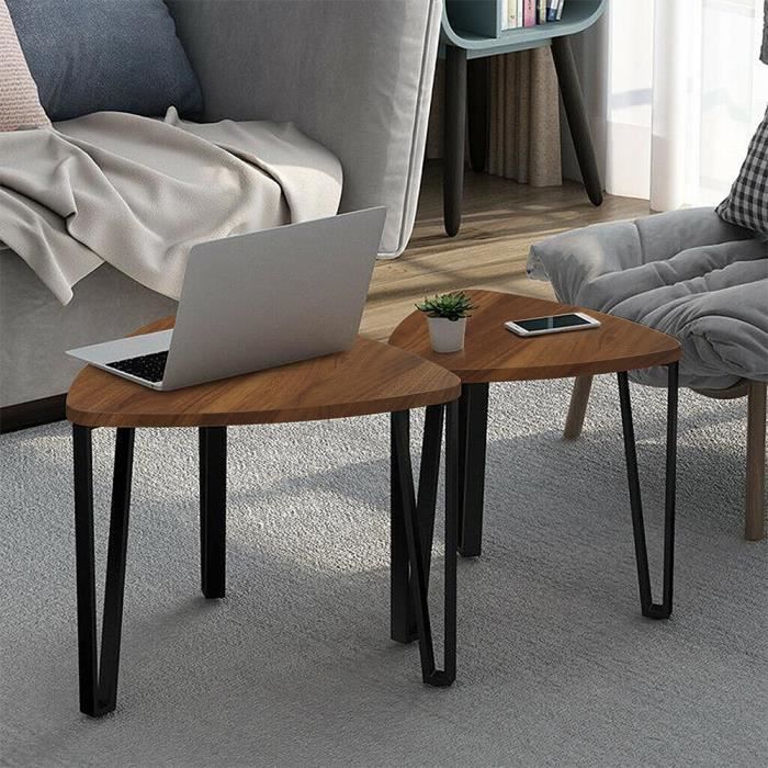 GMM Lot de 3 Tables Basse Gigognes Bois Industriel Table d‘Appoint à Café Pied en métal pour le Salon la Chambre le bureau