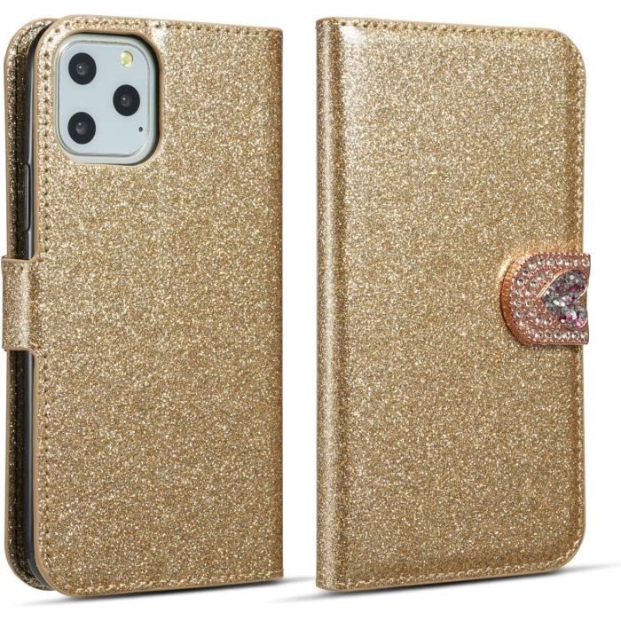 étui portefeuille iPhone 11 Pro Max, paillettes [fermeture magnétique] Cuir PU Portefeuille [boucle en losange] [empladoré
