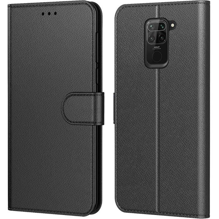 Coque Redmi Note 9 (6,53-) Effet Cuir Noir design Tendance Fermeture Magnétique Bordure Renforcée