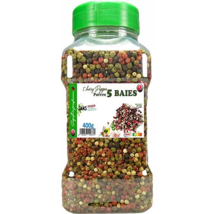 Poivre 5 baies en grains en pot PET - 400g - Signature panafricaine