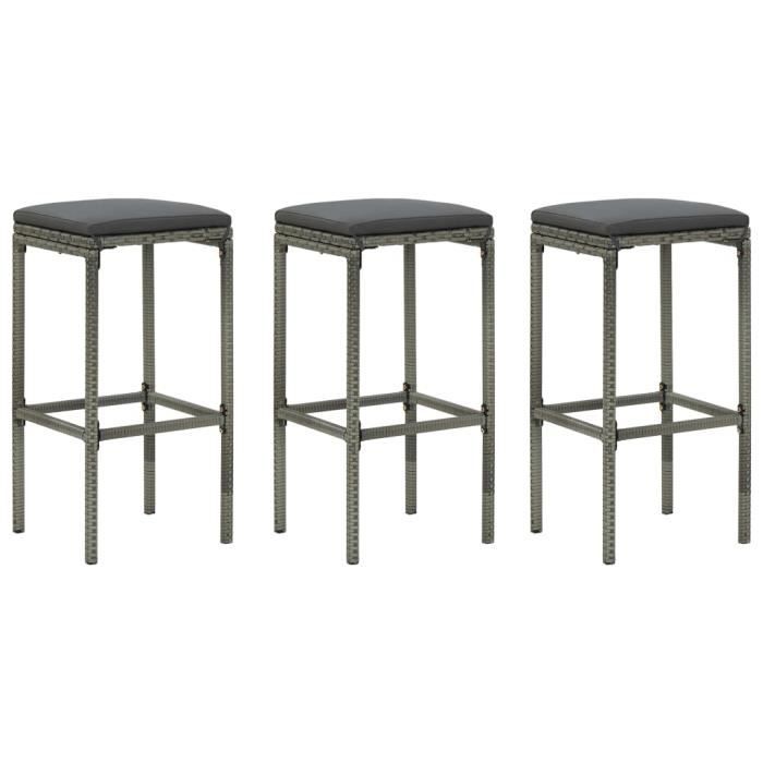 CEN Tabourets de bar avec coussins 3 pcs Gris Résine tressée